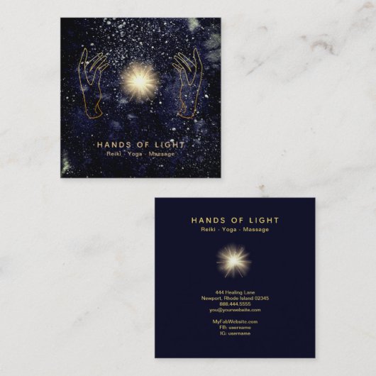 *~* Energy Healing Hands Ball of Reiki Light Navy Vierkante Visitekaartje (Voorkant / Achterkant)