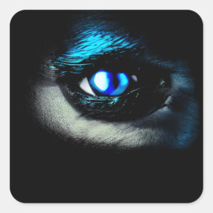 Eng blauw oog dat uit het donker staart vierkante sticker