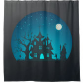 Eng en Fun Blauw en Zwart Haunted House Douchegordijn (Voorkant)