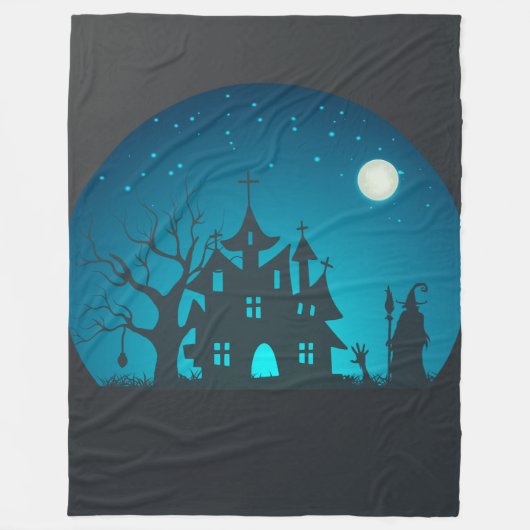 Eng en Fun Blauw en Zwart Haunted House Fleece Deken (Voorkant)