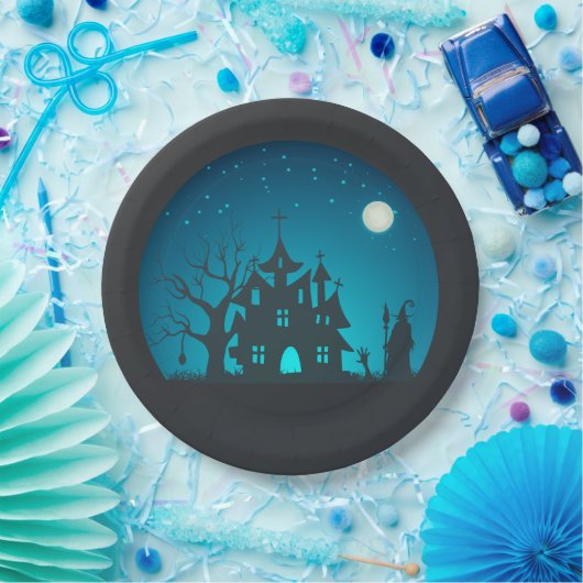 Eng en Fun Blauw en Zwart Haunted House Papieren Bordje (Feest)