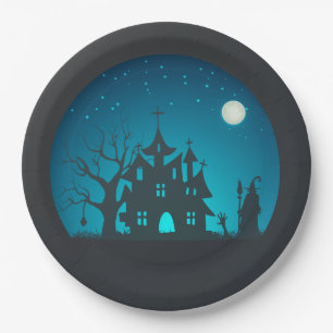 Eng en Fun Blauw en Zwart Haunted House Papieren Bordje