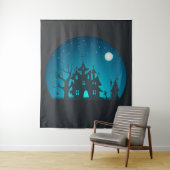 Eng en Fun Blauw en Zwart Haunted House Wandkleed (In situ)