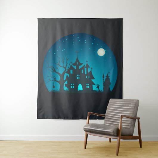 Eng en Fun Blauw en Zwart Haunted House Wandkleed (In situ)