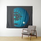Eng en Fun Blauw en Zwart Haunted House Wandkleed (In Situ (horizontaal))