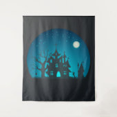 Eng en Fun Blauw en Zwart Haunted House Wandkleed (Voorkant)