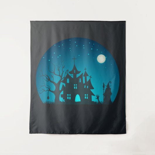 Eng en Fun Blauw en Zwart Haunted House Wandkleed (Voorkant)