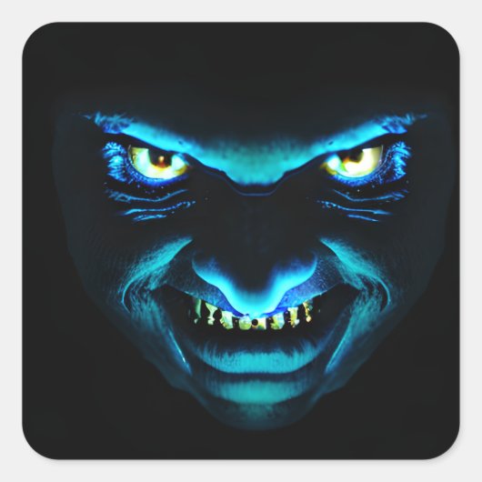 Eng monster gezicht gloeiend blauw vierkante sticker (Voorkant)