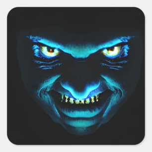 Eng monster gezicht gloeiend blauw vierkante sticker