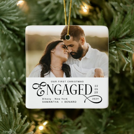Engaged Couples 2 Photos Stylish First Christmas Keramisch Ornament (Boom)