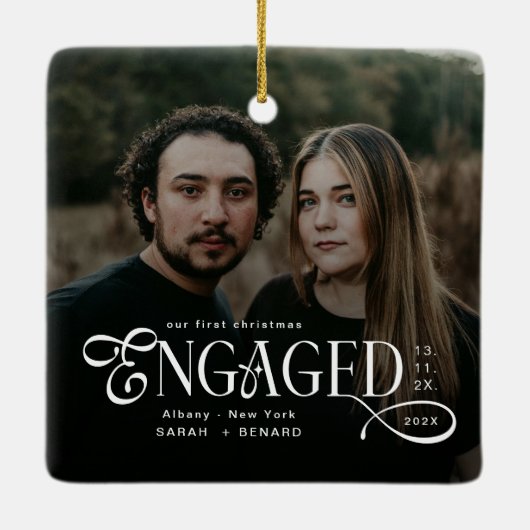 Engaged Couples 2 Photos Stylish First Christmas Keramisch Ornament (Achterkant)