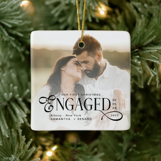 Engaged Couples 2 Photos Stylish First Christmas Keramisch Ornament (Boom)