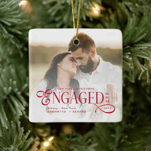 Engaged Couples 2 Photos Stylish First Christmas Keramisch Ornament (Boom)