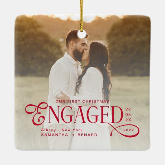 Engaged Couples 2 Photos Stylish First Christmas Keramisch Ornament (Achterkant)