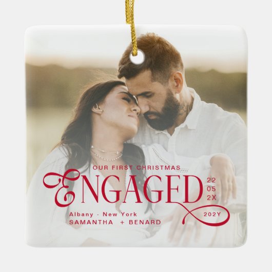 Engaged Couples 2 Photos Stylish First Christmas Keramisch Ornament (Voorkant)