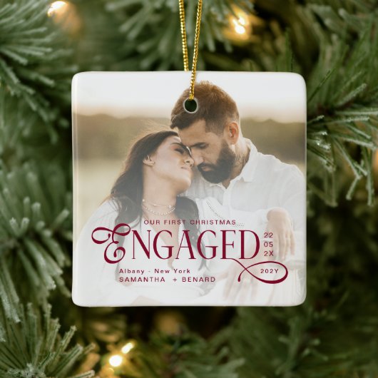 Engaged Couples 2 Photos Stylish First Christmas Keramisch Ornament (Boom)