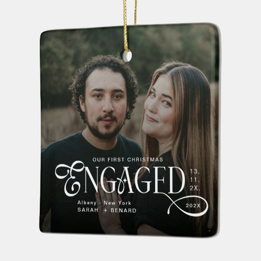 Engaged Couples 2 Photos Stylish First Christmas Keramisch Ornament (Links)