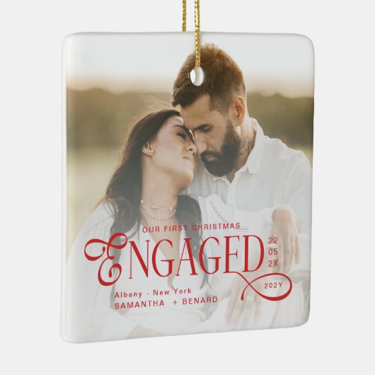 Engaged Couples 2 Photos Stylish First Christmas Keramisch Ornament (Rechts)