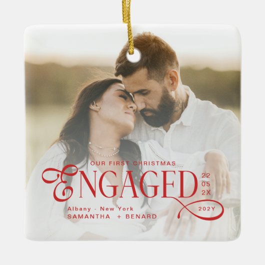 Engaged Couples 2 Photos Stylish First Christmas Keramisch Ornament (Voorkant)