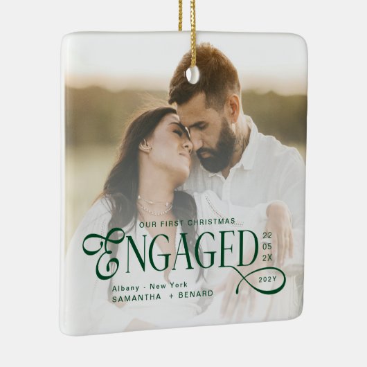 Engaged Couples 2 Photos Stylish First Christmas Keramisch Ornament (Rechts)