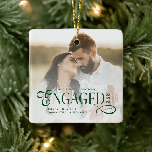 Engaged Couples 2 Photos Stylish First Christmas Keramisch Ornament (Boom)