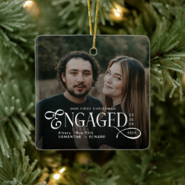 Engaged Couples 2 Photos Stylish First Christmas Keramisch Ornament