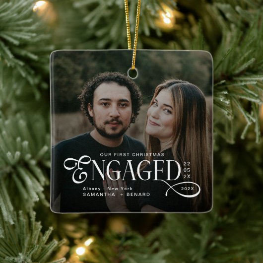 Engaged Couples 2 Photos Stylish First Christmas Keramisch Ornament (Boom)