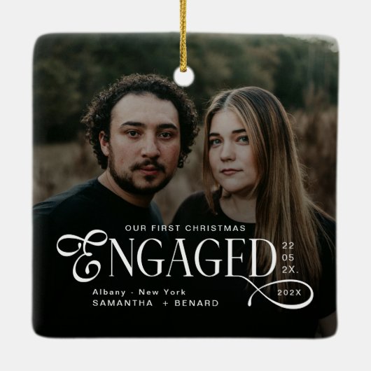 Engaged Couples 2 Photos Stylish First Christmas Keramisch Ornament (Achterkant)