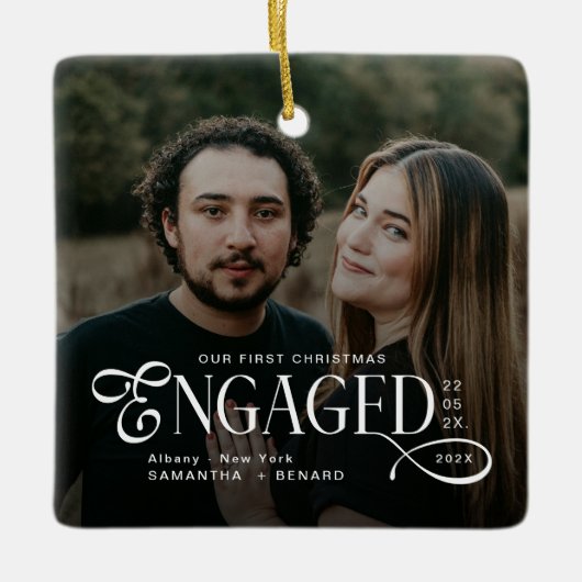Engaged Couples 2 Photos Stylish First Christmas Keramisch Ornament (Voorkant)