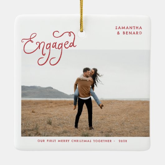 Engaged Couples Photo Whimsical Keramisch Ornament (Achterkant)