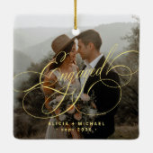 Engaged gold calligraphy script 2 photos keepsake keramisch ornament (Achterkant)