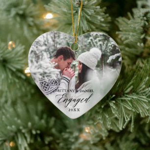 Engaged Modern Calligraphy Couple Photo Heart Keramisch Ornament