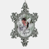 Engaged Modern Calligraphy Couple Photo Tin Sneeuwvlok Ornament (Links)