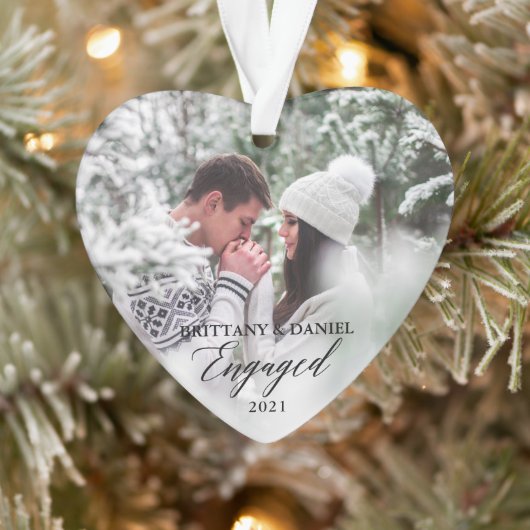 Engaged Modern Calligraphy Heart Couple Photo Ornament (Boom)