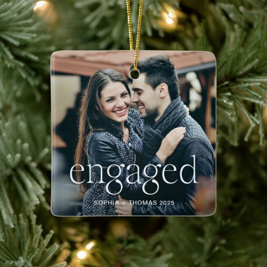Engaged | Stylish Elevated Text and Two Photos Keramisch Ornament (Boom)