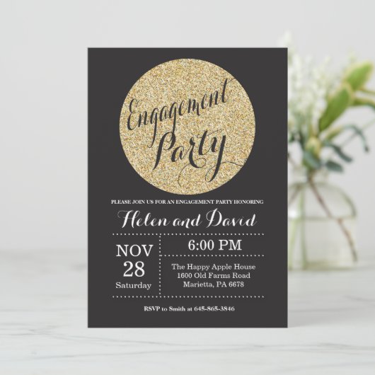 Engagement Party Black and Gold Glitter Invitation Kaart (Staand voorkant)