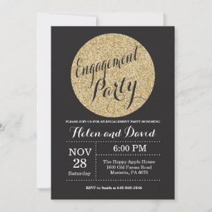 Engagement Party Black and Gold Glitter Invitation Kaart