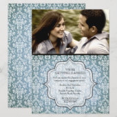 Engagement Party Blue Grunge Damask Foto uitnodige Kaart (Voorkant / Achterkant)