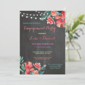 Engagement Party Chalkboard Floral Red Invitation Kaart (Staand voorkant)