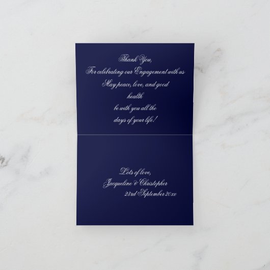 Engagement Party Classic Script Chic Navy Blue Bedankkaart (Binnen)