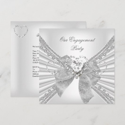 Engagement Party Diamond Heart White Silver Bow Kaart (Voorkant / Achterkant)