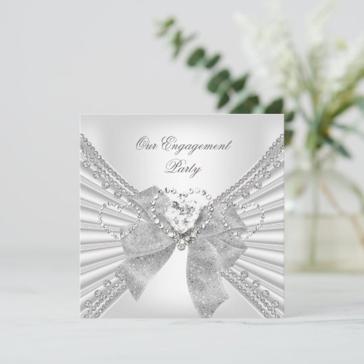 Engagement Party Diamond Heart White Silver Bow Kaart (Staand voorkant)