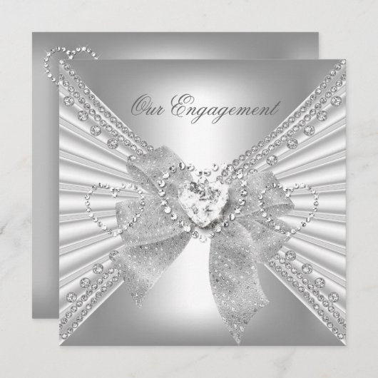 Engagement Party Diamond Heart White Silver Bow Kaart (Voorkant / Achterkant)