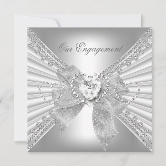 Engagement Party Diamond Heart White Silver Bow Kaart (Voorkant)