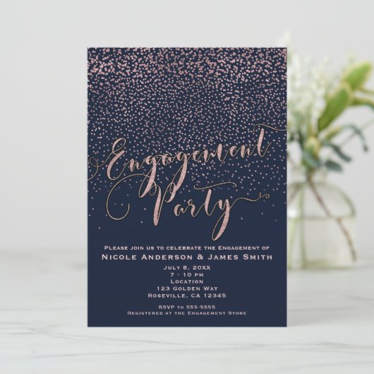 ENGAGEMENT PARTY Douche Blauw Roos Goud Confetti Kaart (Staand voorkant)