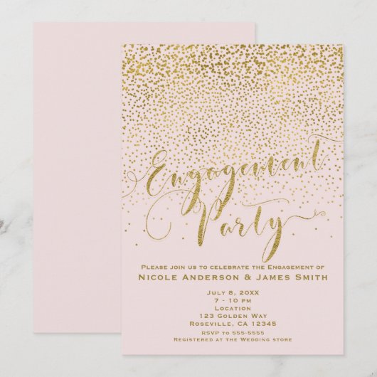 ENGAGEMENT PARTY Douche Blush Pink & Gold Confetti Kaart (Voorkant / Achterkant)