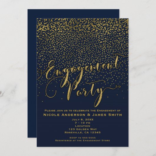 ENGAGEMENT PARTY Douche Navy Blue & Gold Confetti Kaart (Voorkant / Achterkant)