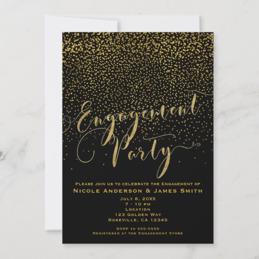 ENGAGEMENT PARTY Douche Zwart & Goud Confetti Glam Kaart (Voorkant)