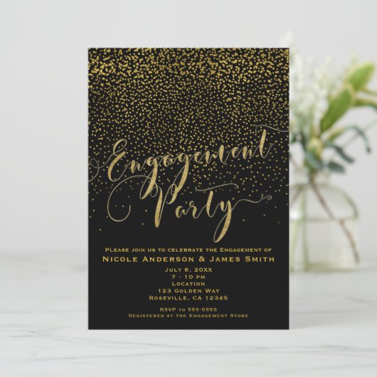 ENGAGEMENT PARTY Douche Zwart & Goud Confetti Glam Kaart (Staand voorkant)