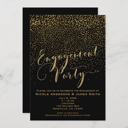 ENGAGEMENT PARTY Douche Zwart & Goud Confetti Glam Kaart (Voorkant / Achterkant)